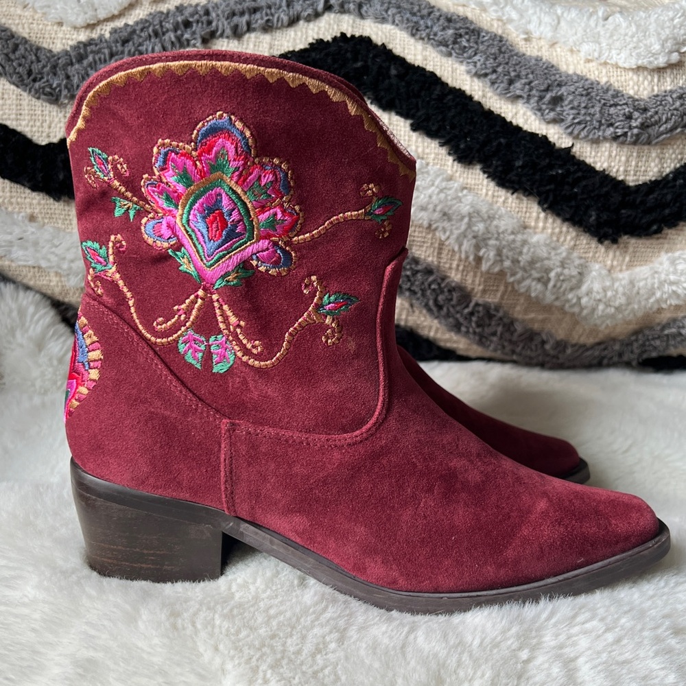 FARM RIO Marsala Boho EMBROIDERED Western ankle booties Size 7 US 36 EU - Picture 7 of 17